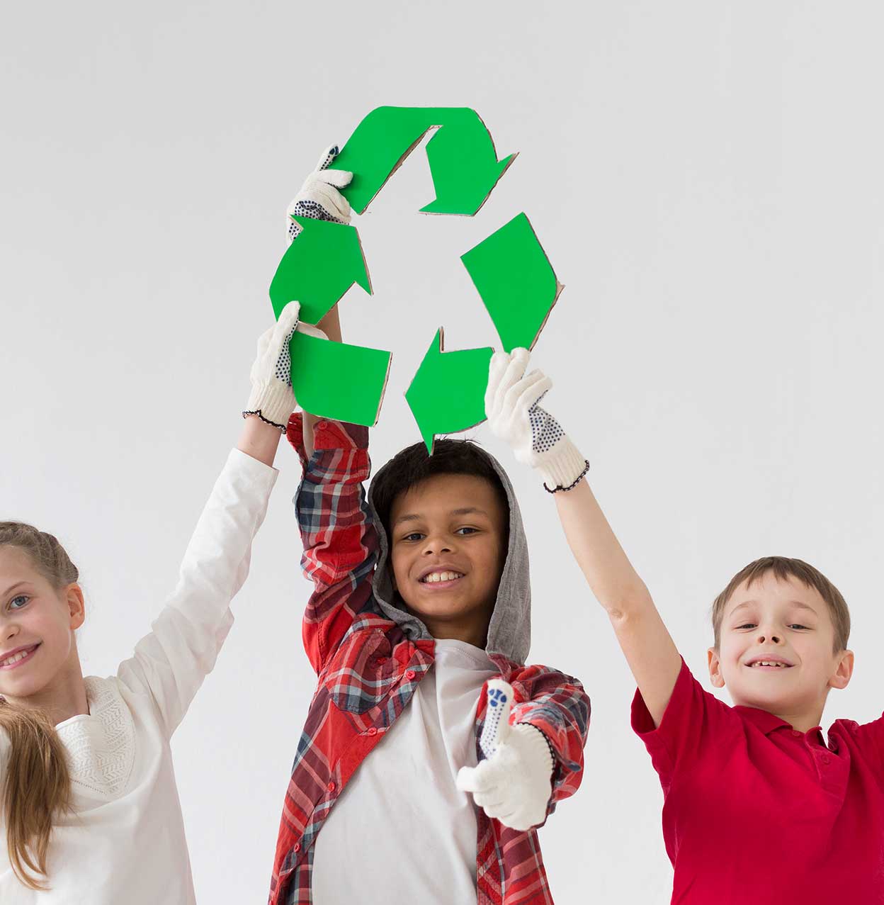 Picture of children holding up a recycling icon 