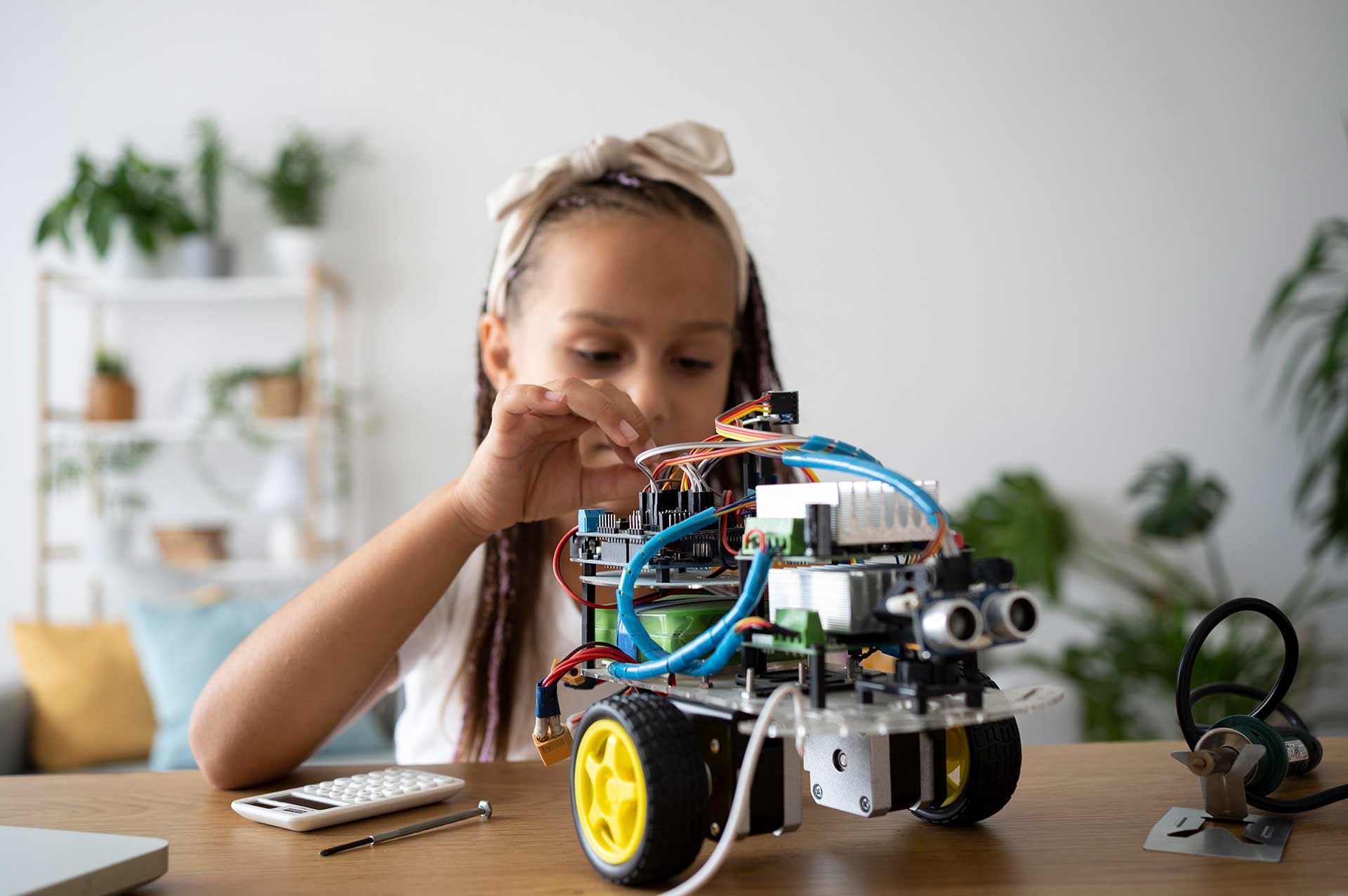 Girl working on a robot